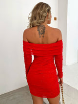 Glitter-Mesh Off-the-Shoulder Ruched Mini Dress - product view 5