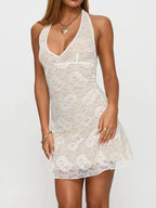 Ivory floral lace halter bodycon mini dress, front view.