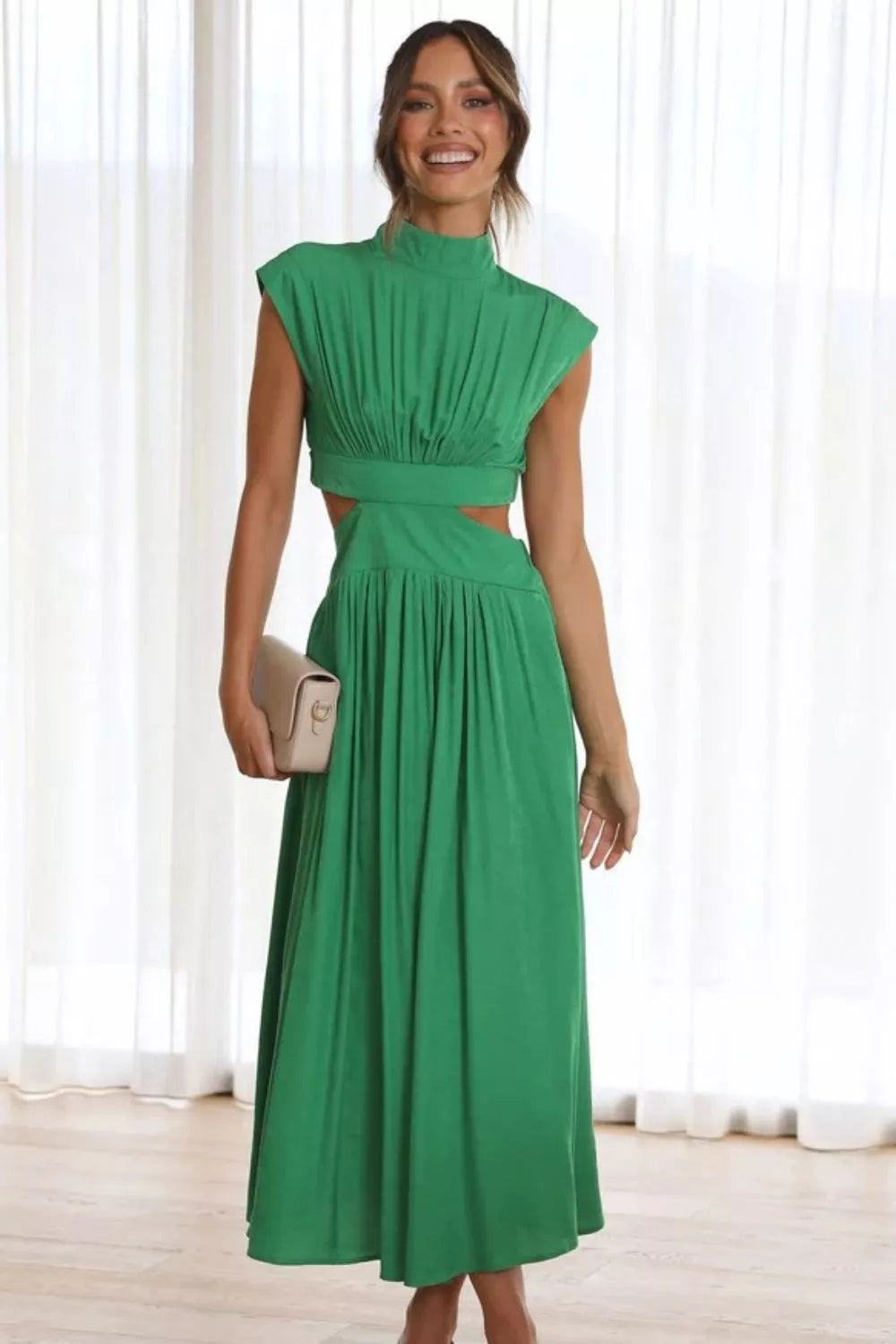 Cutout mock-neck sleeveless ruched maxi dress front view
