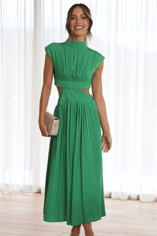 Cutout mock-neck sleeveless ruched maxi dress front view