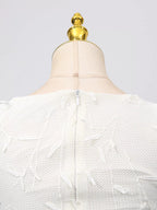 White sleeveless floral appliqué midi dress, back neckline detail.