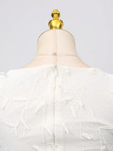 White sleeveless floral appliqué midi dress, back neckline detail.