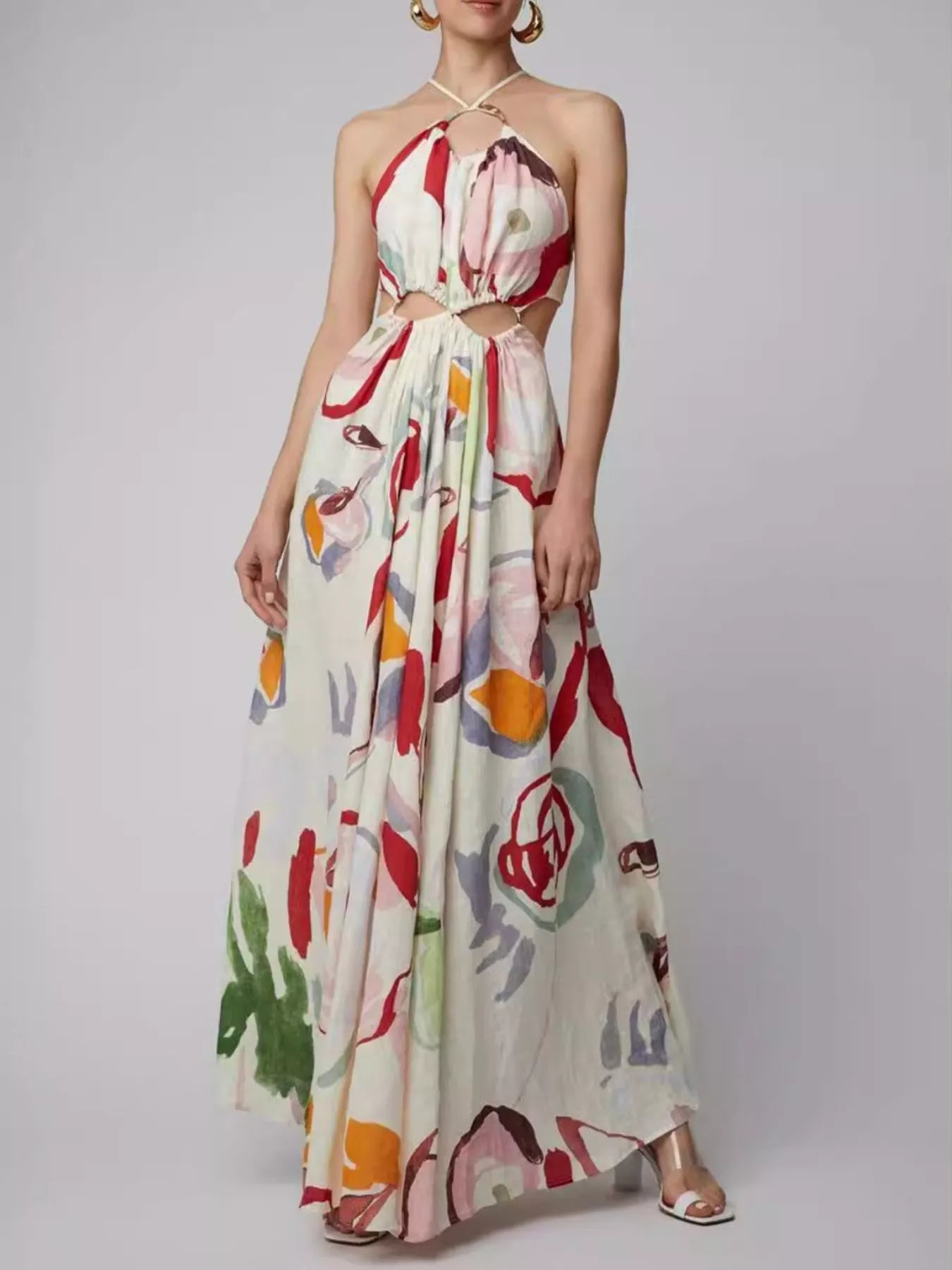 White Printed Halter-Neck Cutout Maxi Dress - product view 1
