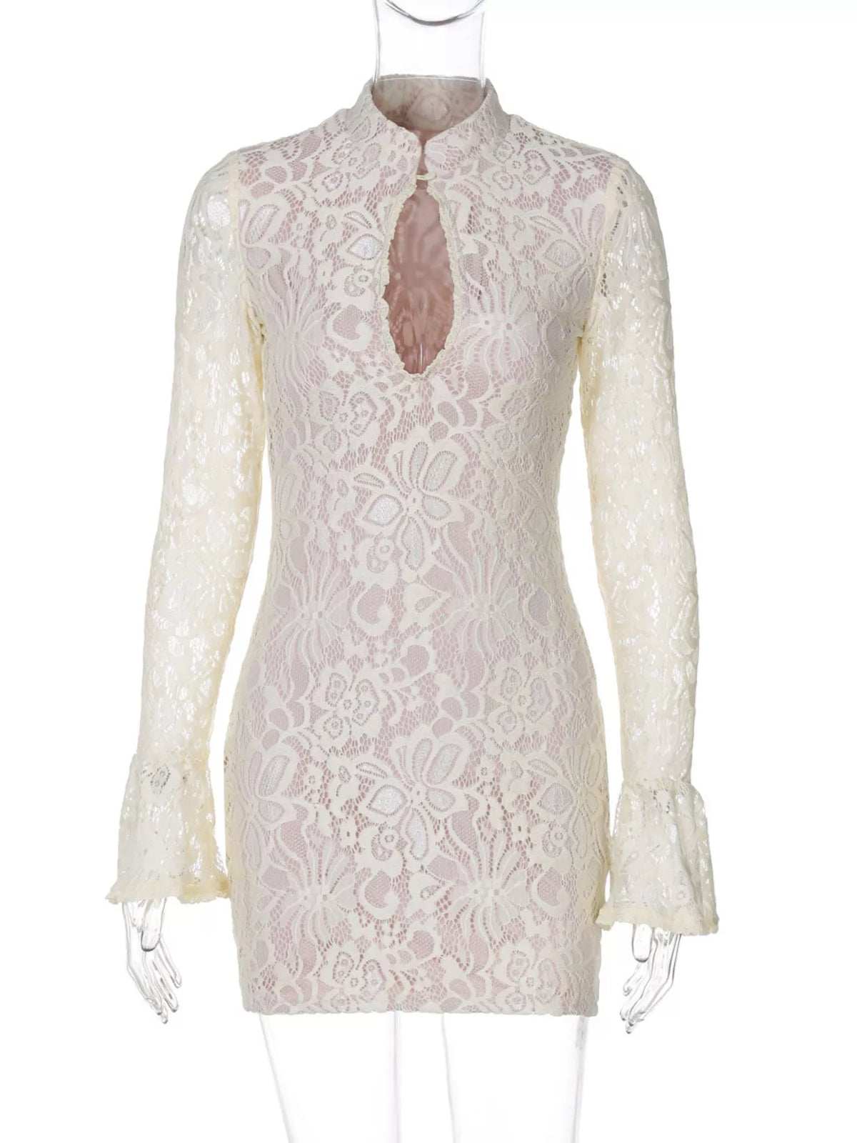 Ivory lace cutout long-sleeve mini dress, front view.