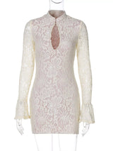 Ivory lace cutout long-sleeve mini dress, front view.