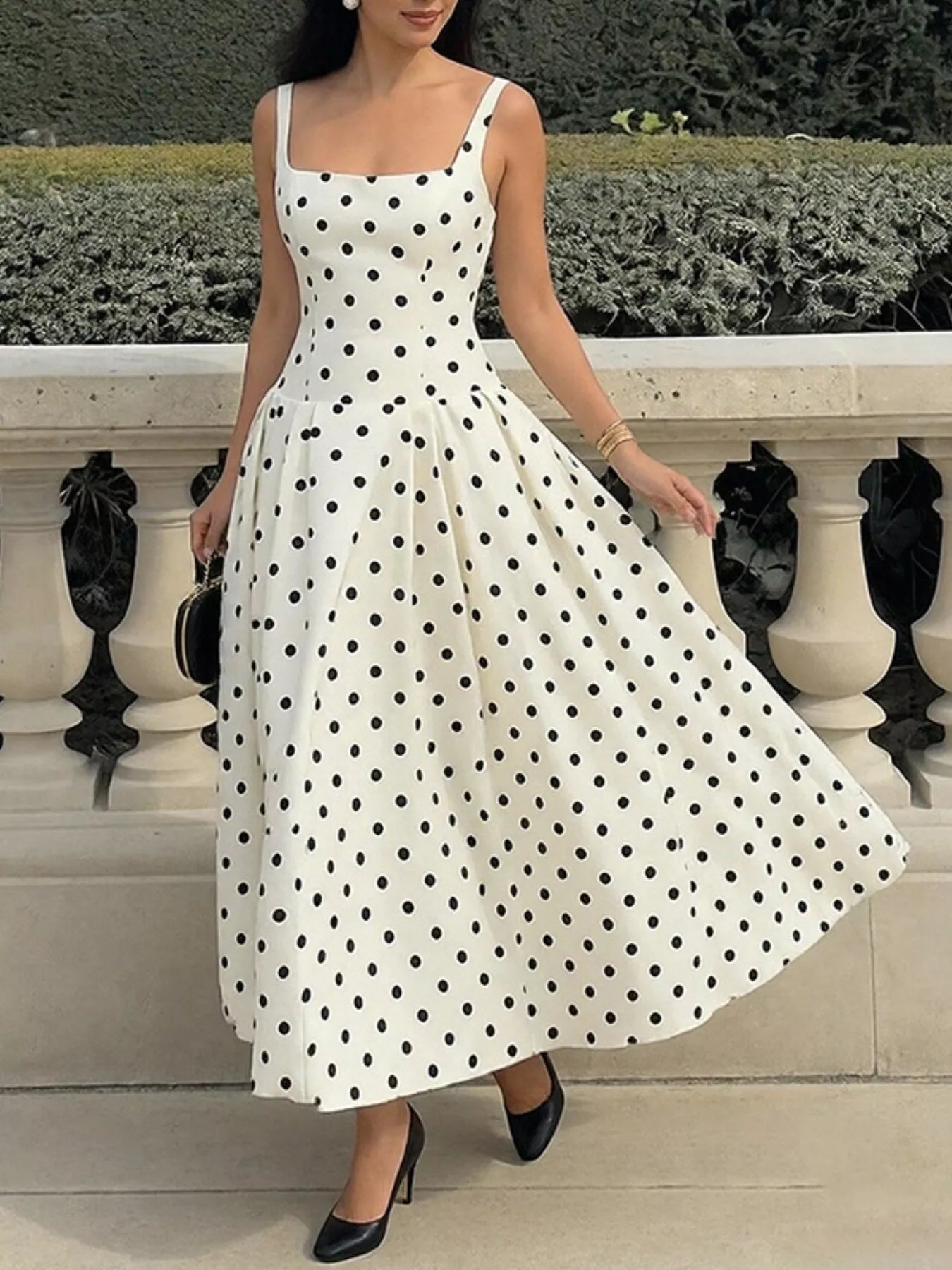 Cream polka-dot square-neck maxi dress front view