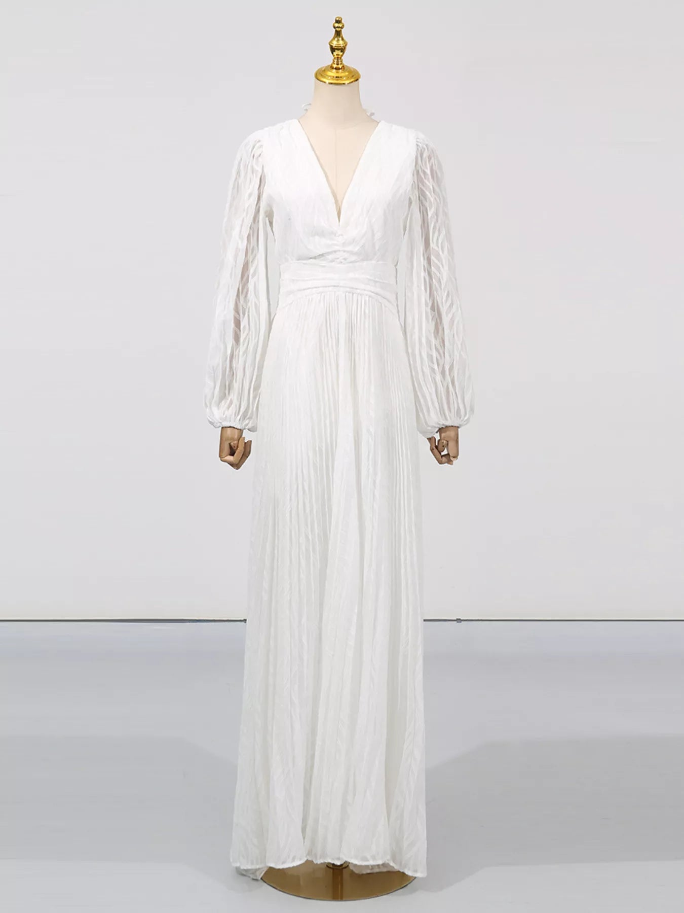 White long-sleeve formal maxi dress back view