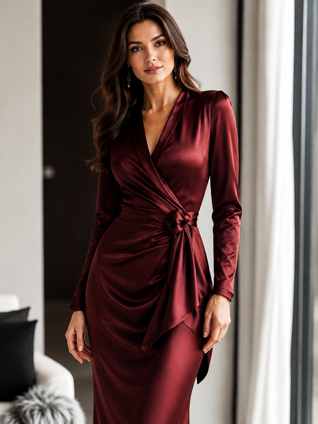 Satin Tie-Waist Long-Sleeve Dress