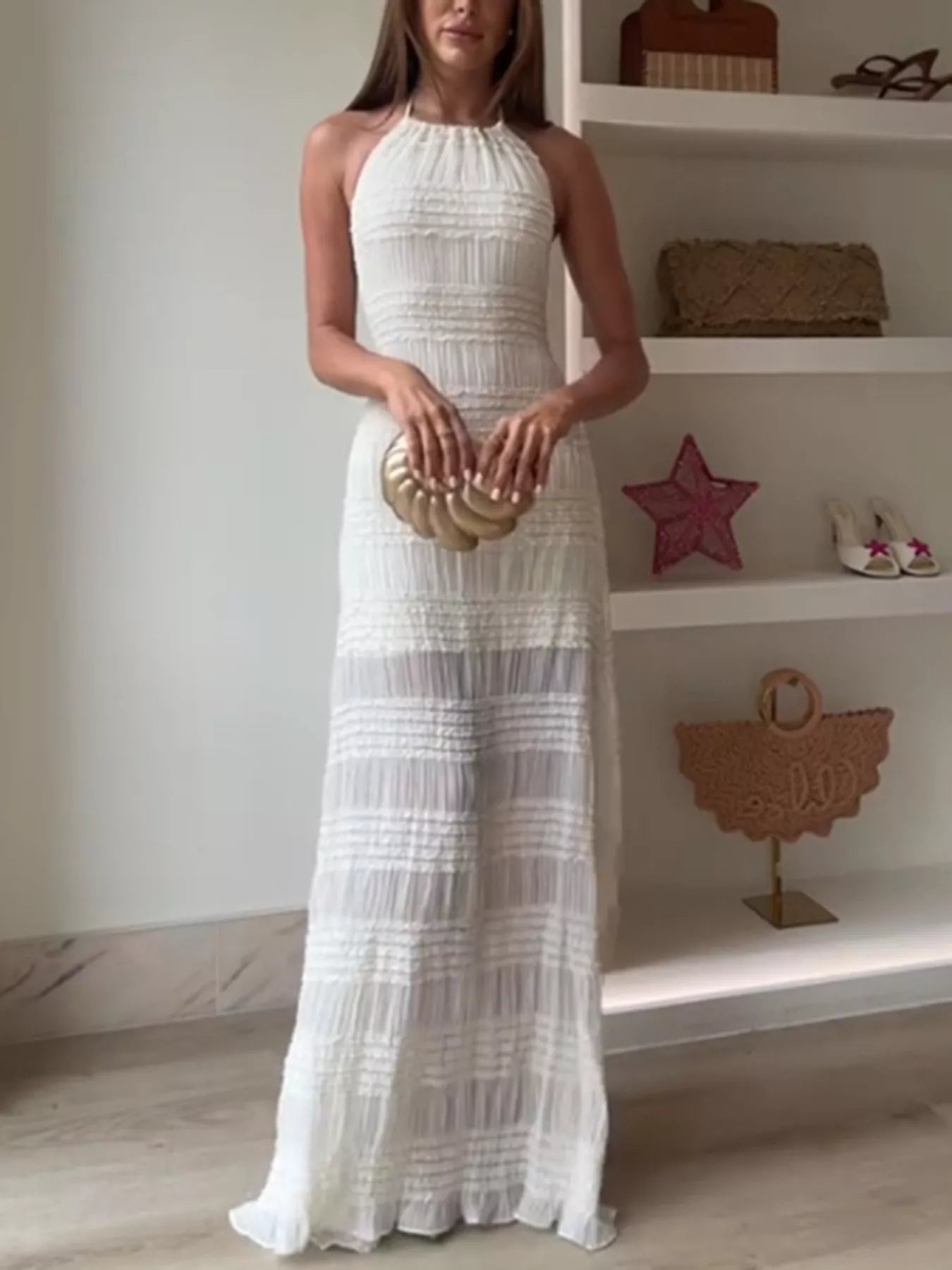 Halter neck occasion maxi dress side view