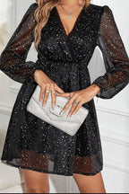Surplice neckline glitter dress detail