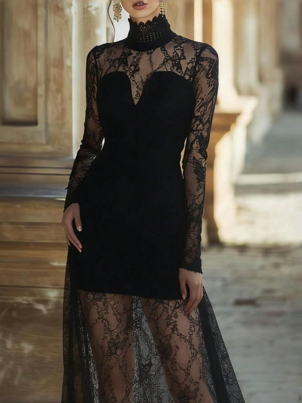 High-neck lace maxi dress back view