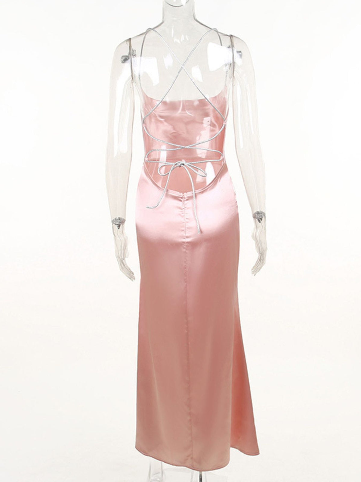 Blush-pink lace-up back dress on mannequin