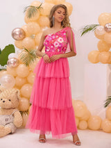 Pink embroidered one-shoulder tiered dress, front view