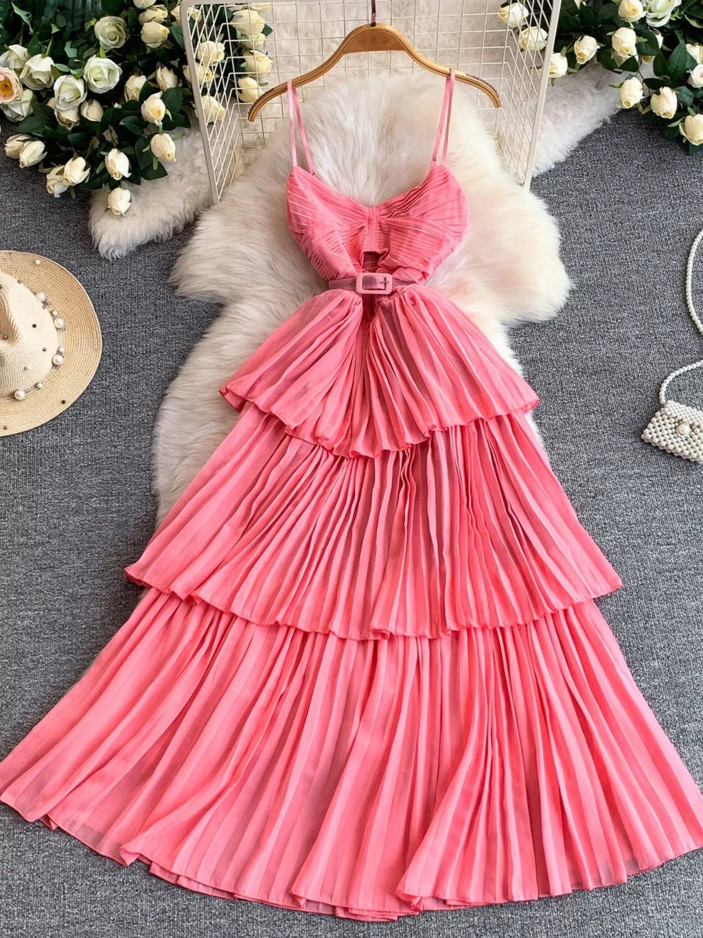 Pleated layered spaghetti-strap midi dress front view