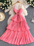 Pleated layered spaghetti-strap midi dress front view