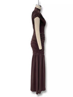 Dark brown mock-neck dress detail