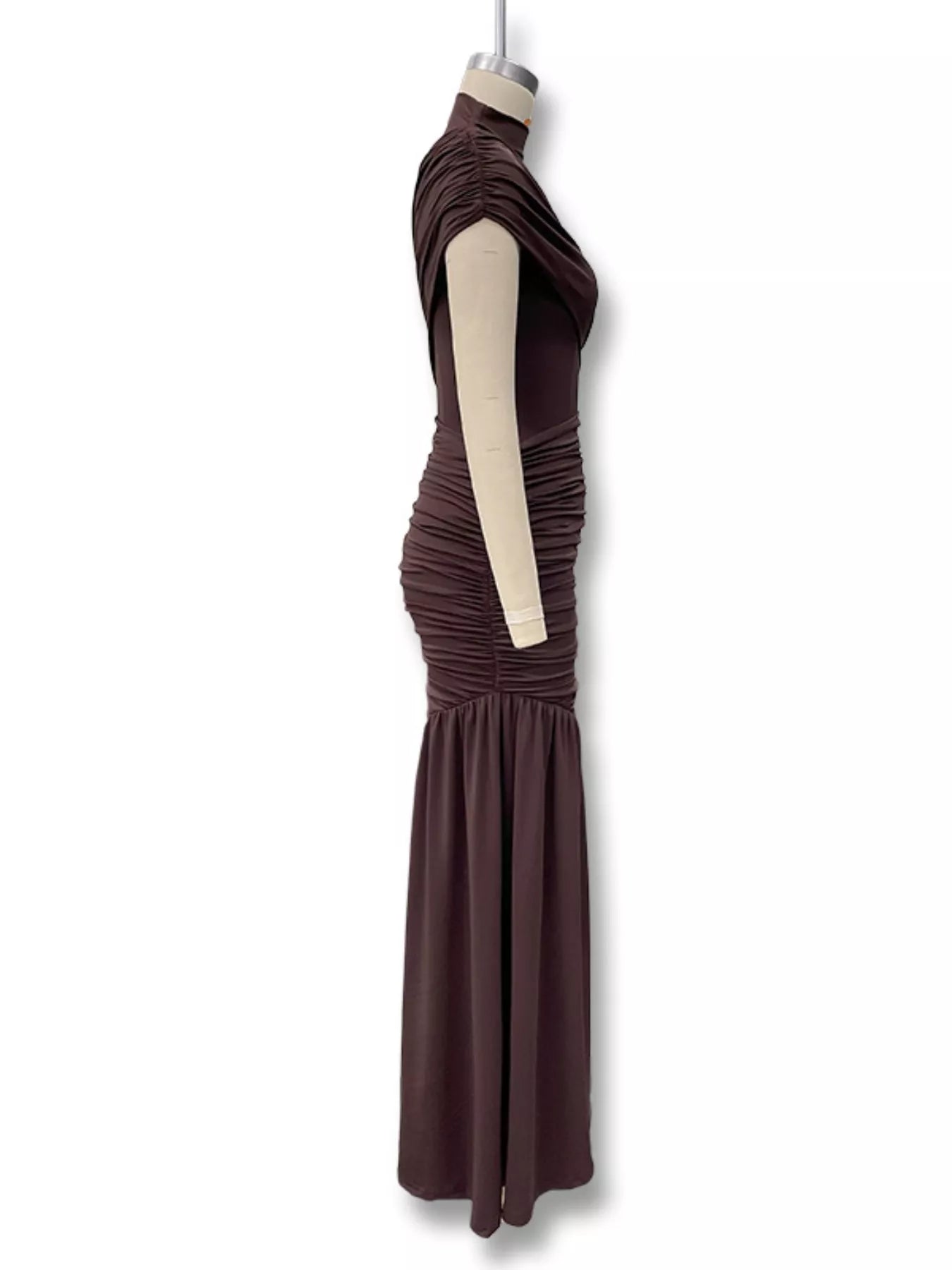 Dark brown mock-neck dress detail