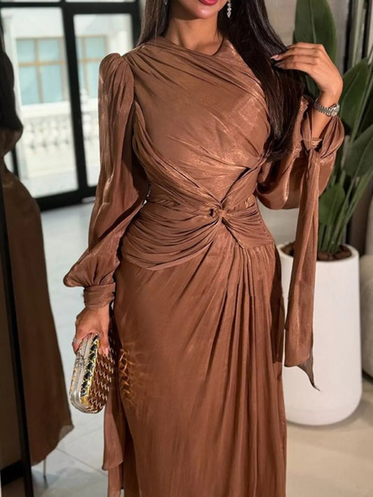 Coffee-Brown Draped Long-Sleeve Twisted Maxi Dress - product view 1