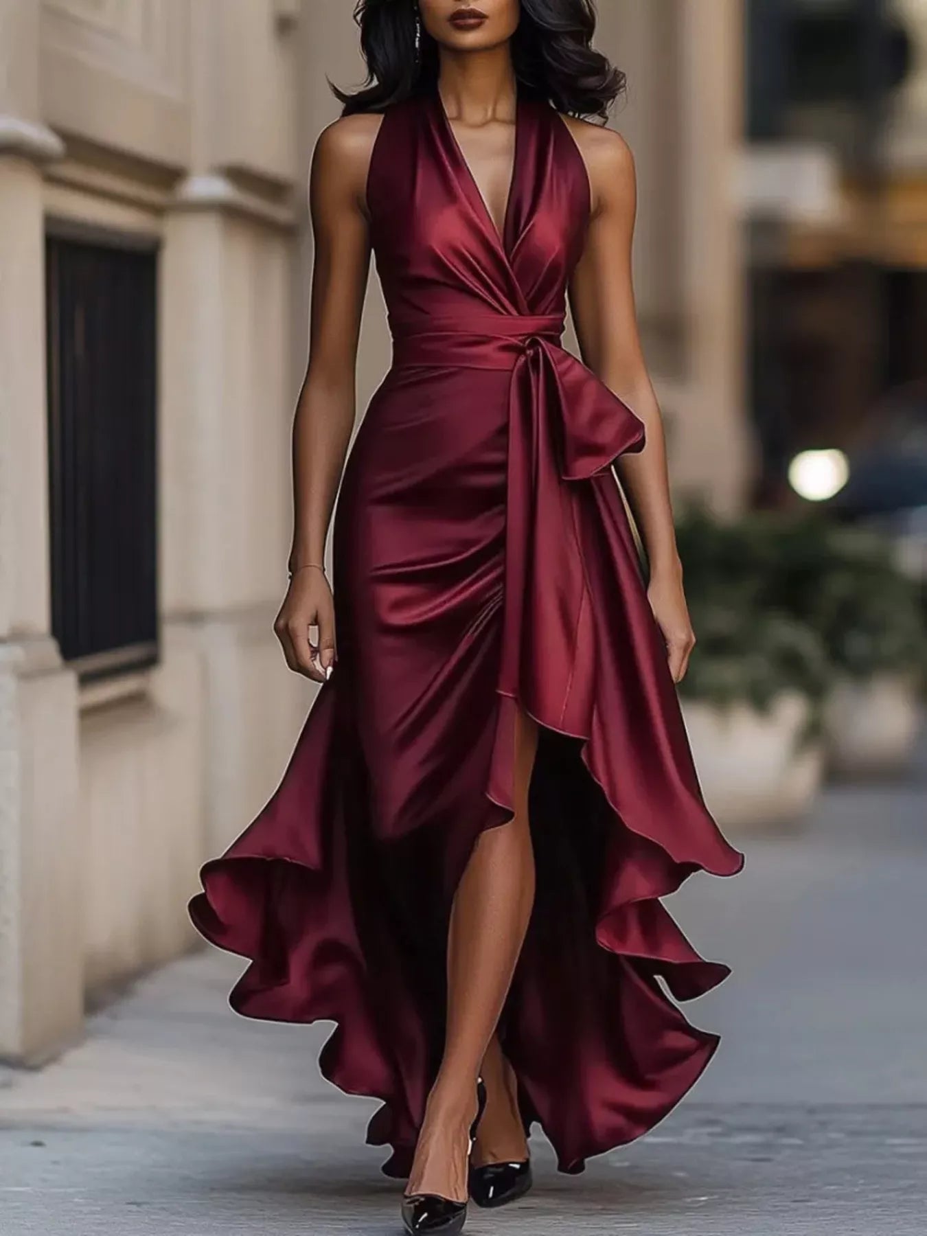 Plus-Size High-Low Ruffled Satin Maxi Dress - product view 1