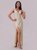 Champagne sequin surplice slit maxi dress front view
