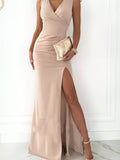 Ruched sleeveless high-slit maxi dress front view
