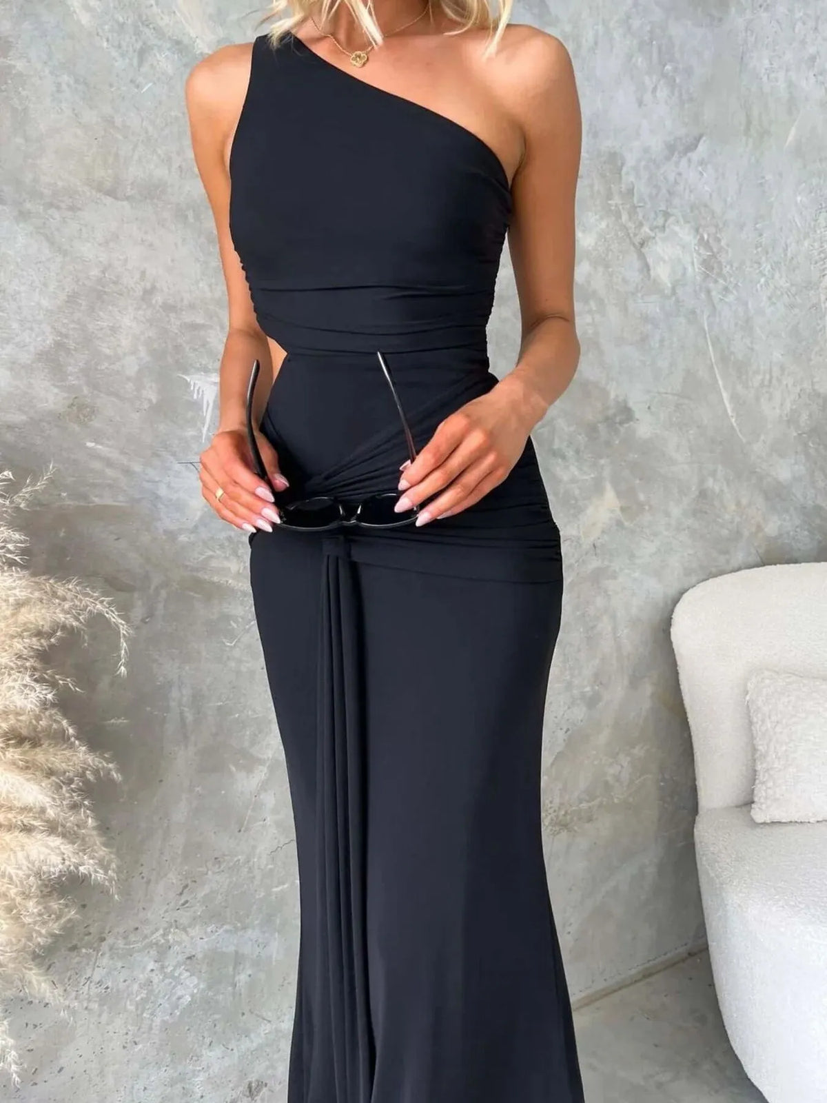 One shoulder ruched maxi dress front view
