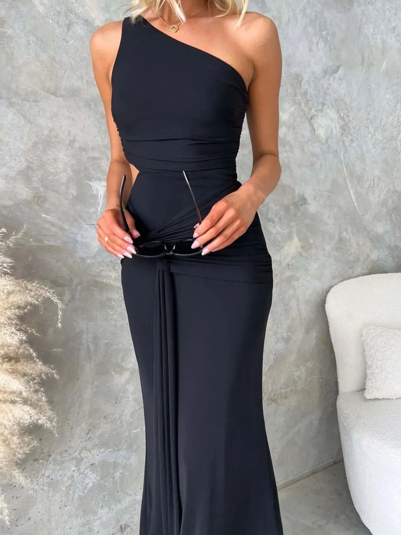 One shoulder ruched maxi dress front view