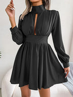 Black long-sleeve cutout-neck mini dress, front view