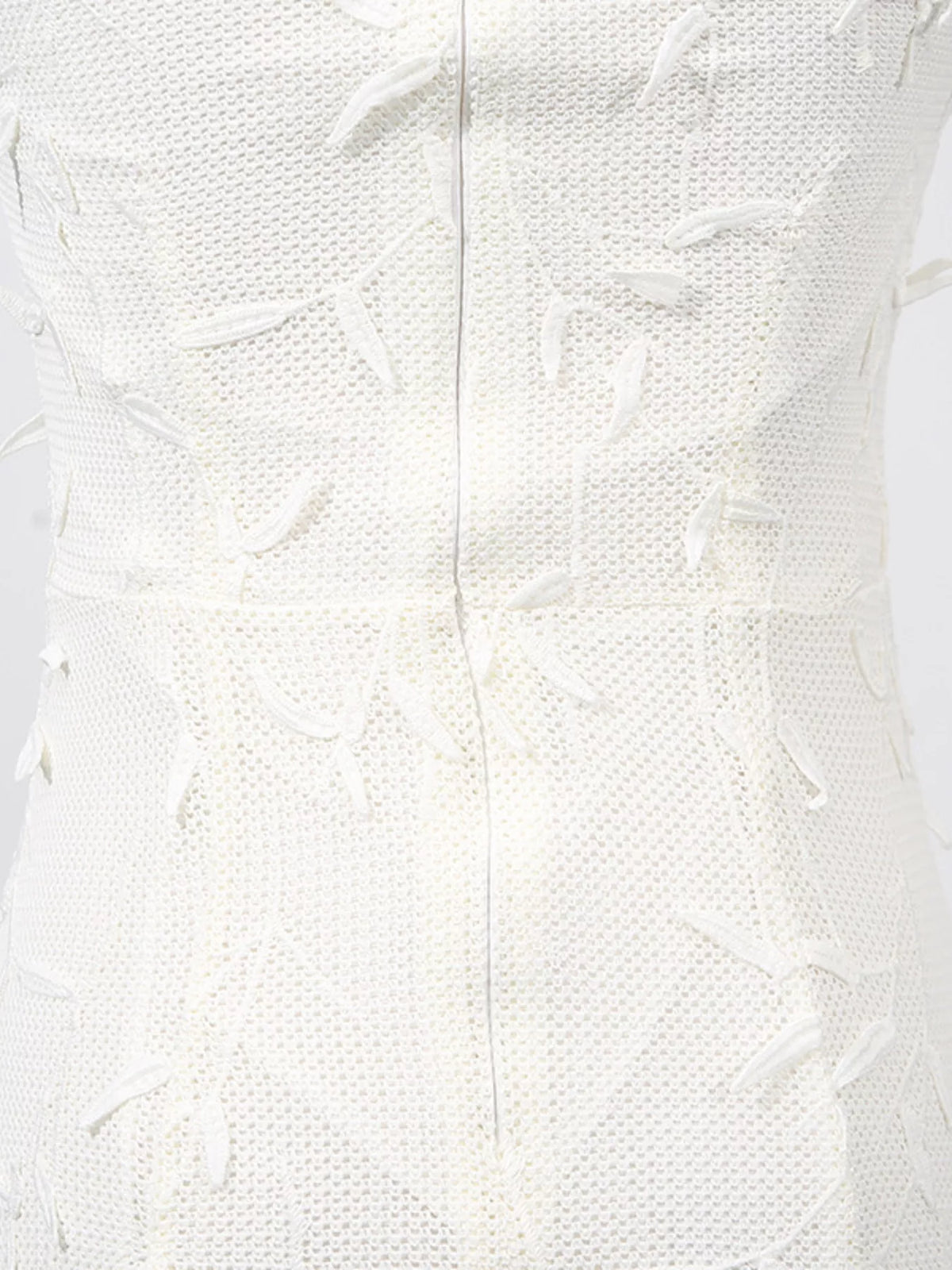 White sleeveless floral appliqué midi dress, back view.