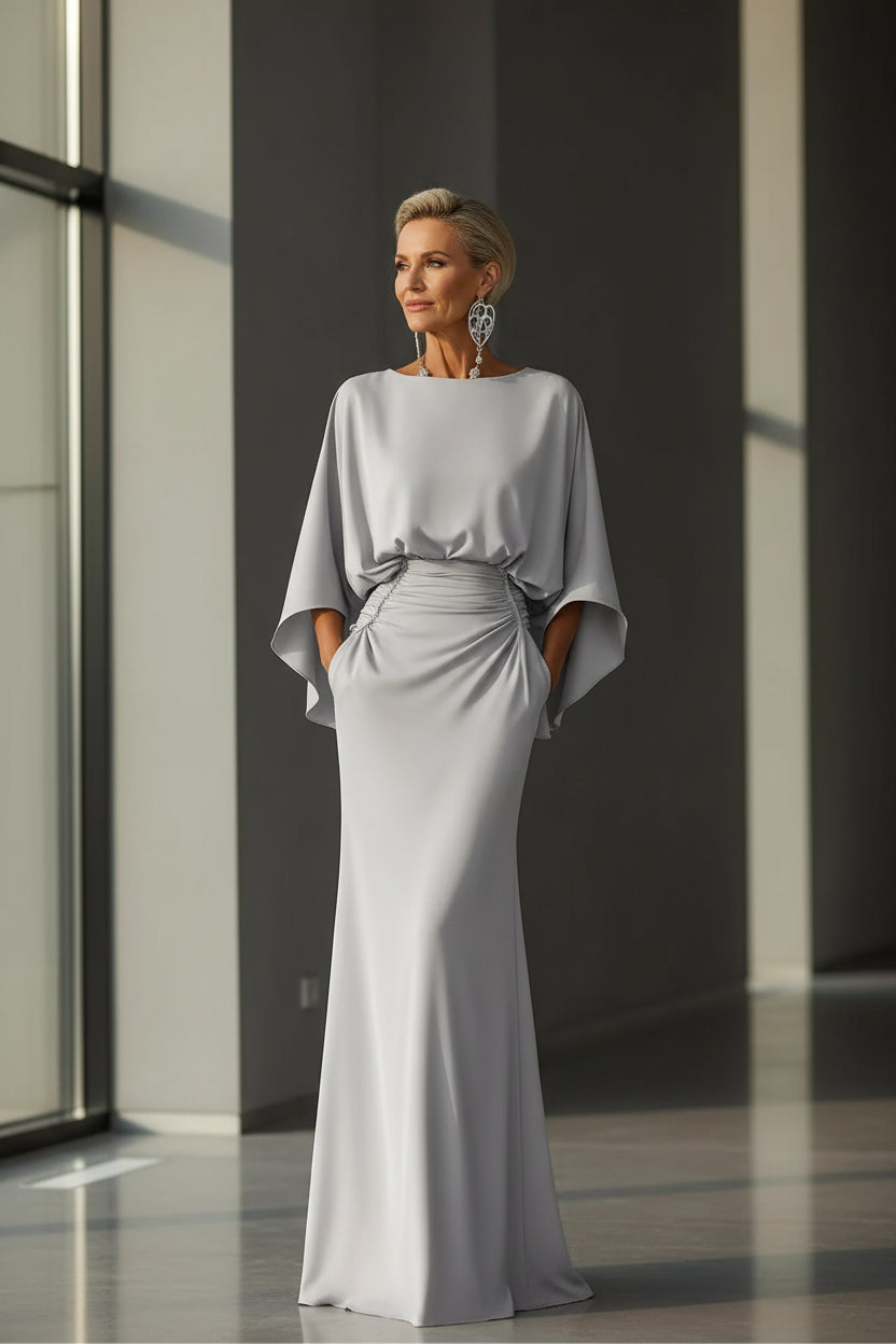 Ruched Batwing-Sleeve Pocket Maxi Dress