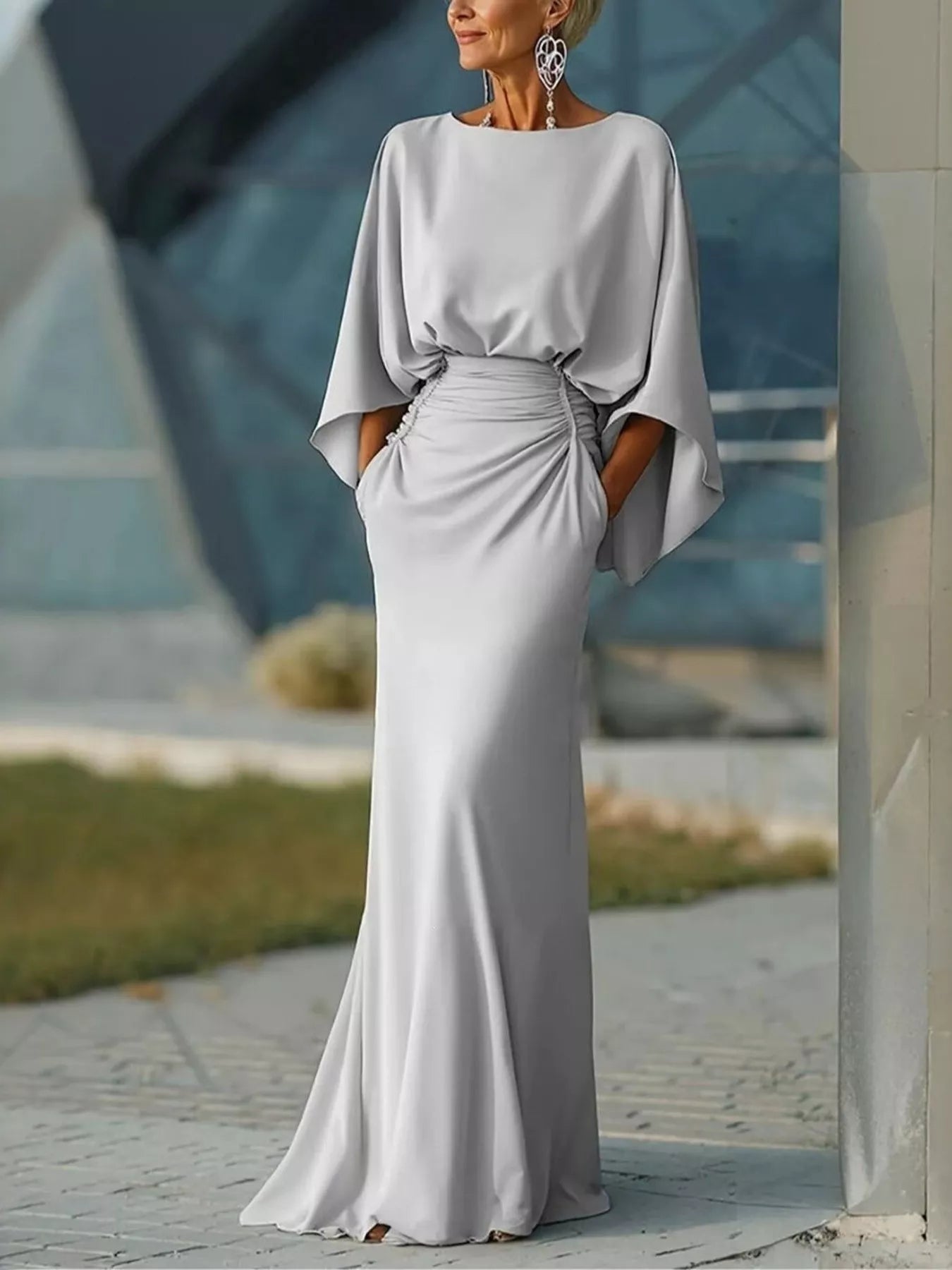 Ruched Batwing-Sleeve Pocket Maxi Dress