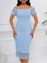 Light blue short-sleeve lace midi dress with slit, front view.