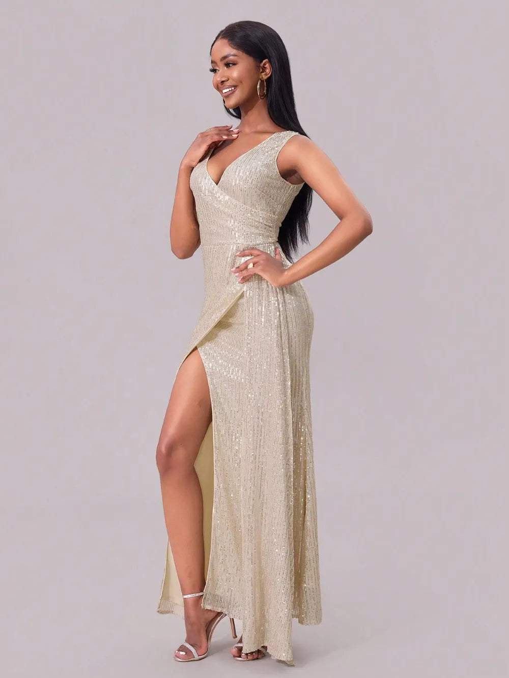 Champagne high-slit sequin maxi dress detail