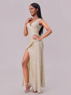 Champagne high-slit sequin maxi dress detail