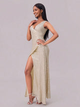 Champagne high-slit sequin maxi dress detail