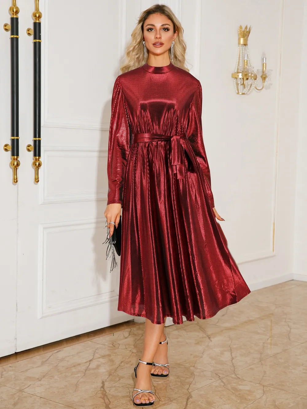 Tie Waist Midi Dress with Long Sleeves – alternate view 9
