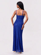 Royal-Blue Sequin Spaghetti-Strap Slit Dress - product view 2