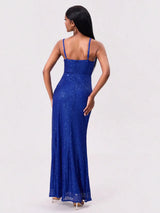 Royal-Blue Sequin Spaghetti-Strap Slit Dress - product view 2