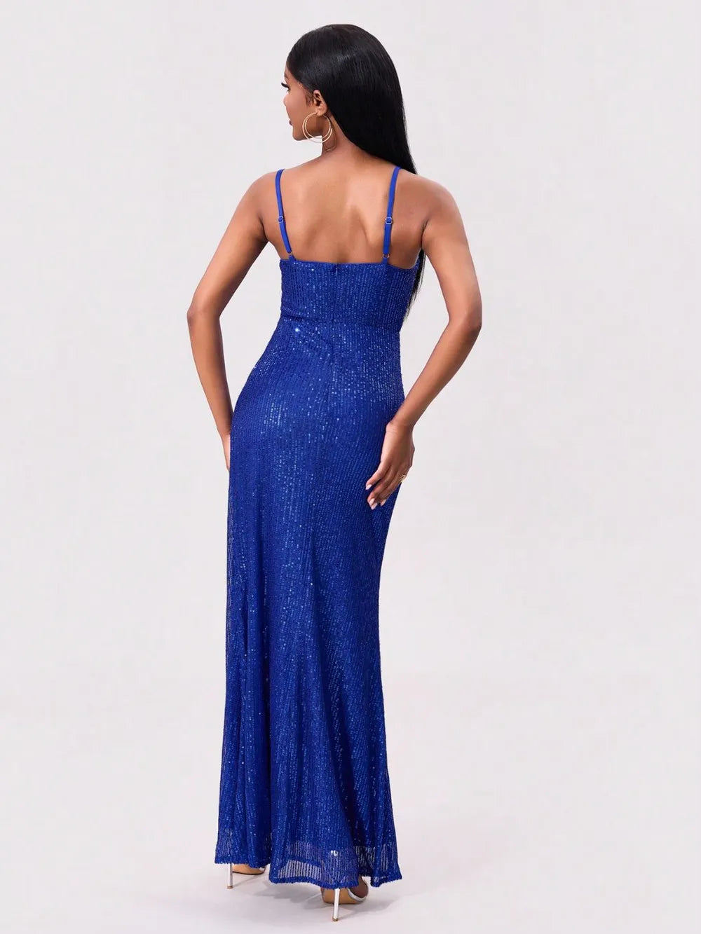 Royal-Blue Sequin Spaghetti-Strap Slit Dress - product view 2