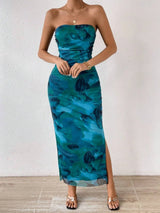 Blue printed strapless fitted dress, front view