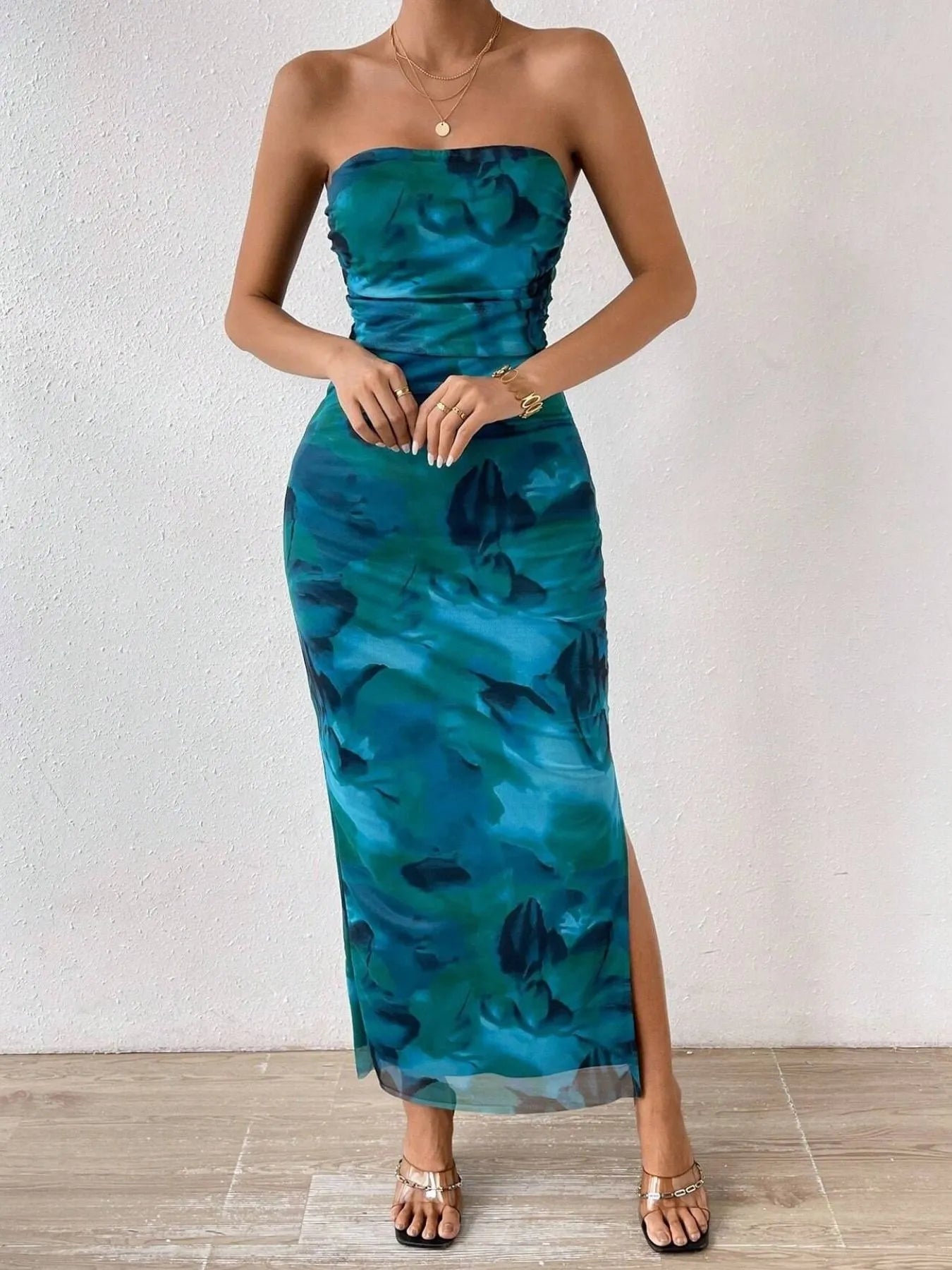 Rose red printed strapless maxi dress