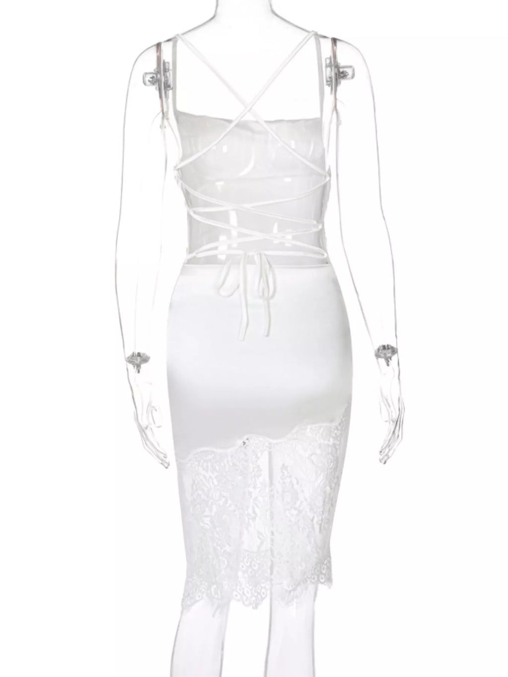 Satin lace-trim sleeveless dress detail view