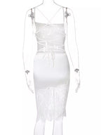Satin lace-trim sleeveless dress detail view