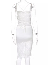 Satin lace-trim sleeveless dress detail view
