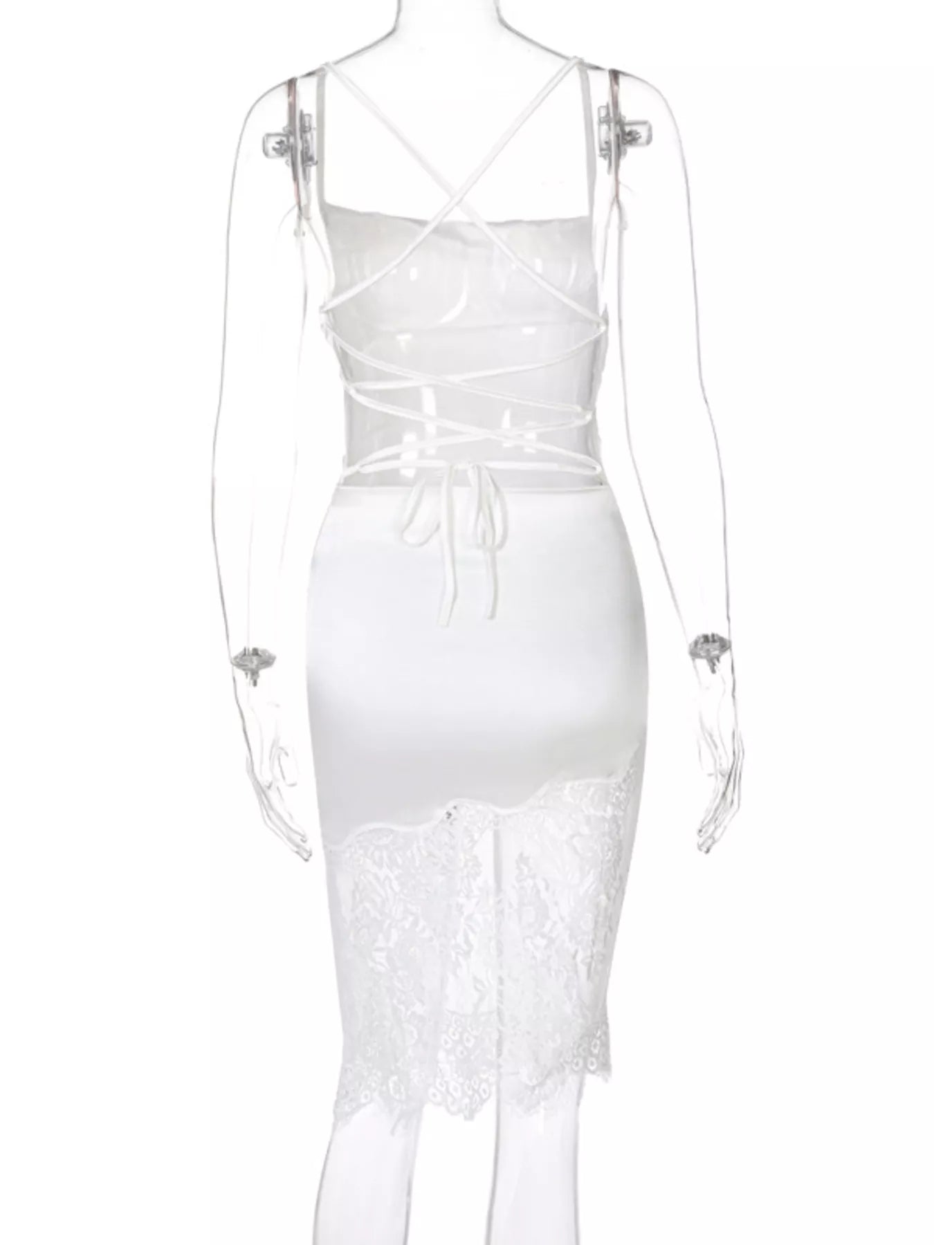 Satin lace-trim sleeveless dress detail view