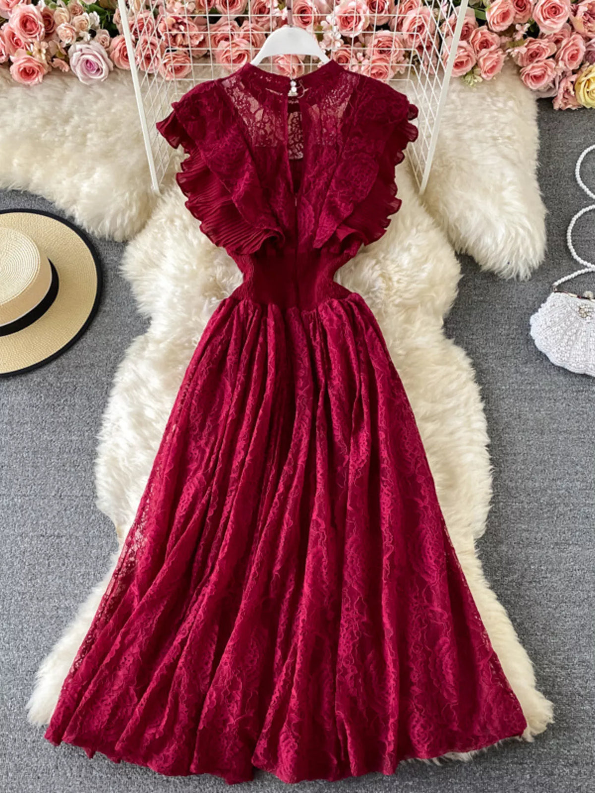 Burgundy ruffled mock-neck lace maxi dress, front view.