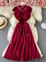 Burgundy ruffled mock-neck lace maxi dress, front view.