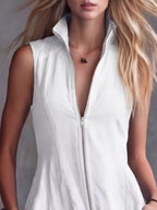 White plus-size high-low ruffled zip-front dress, neckline detail.