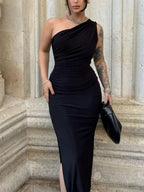 Black one-shoulder ruched dress, bodice detail