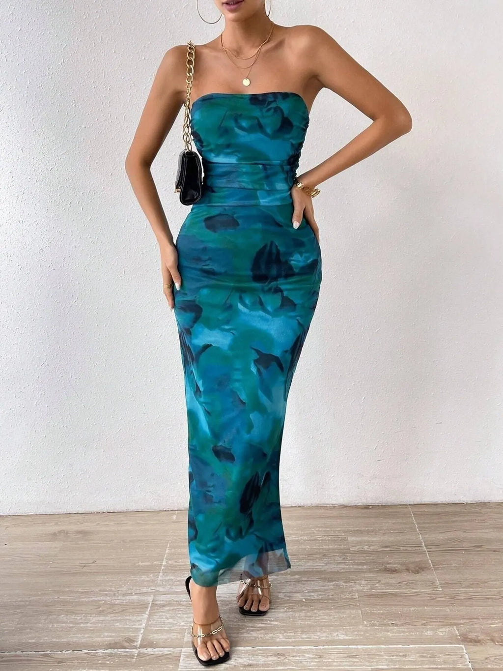 Camel printed strapless side-slit maxi dress